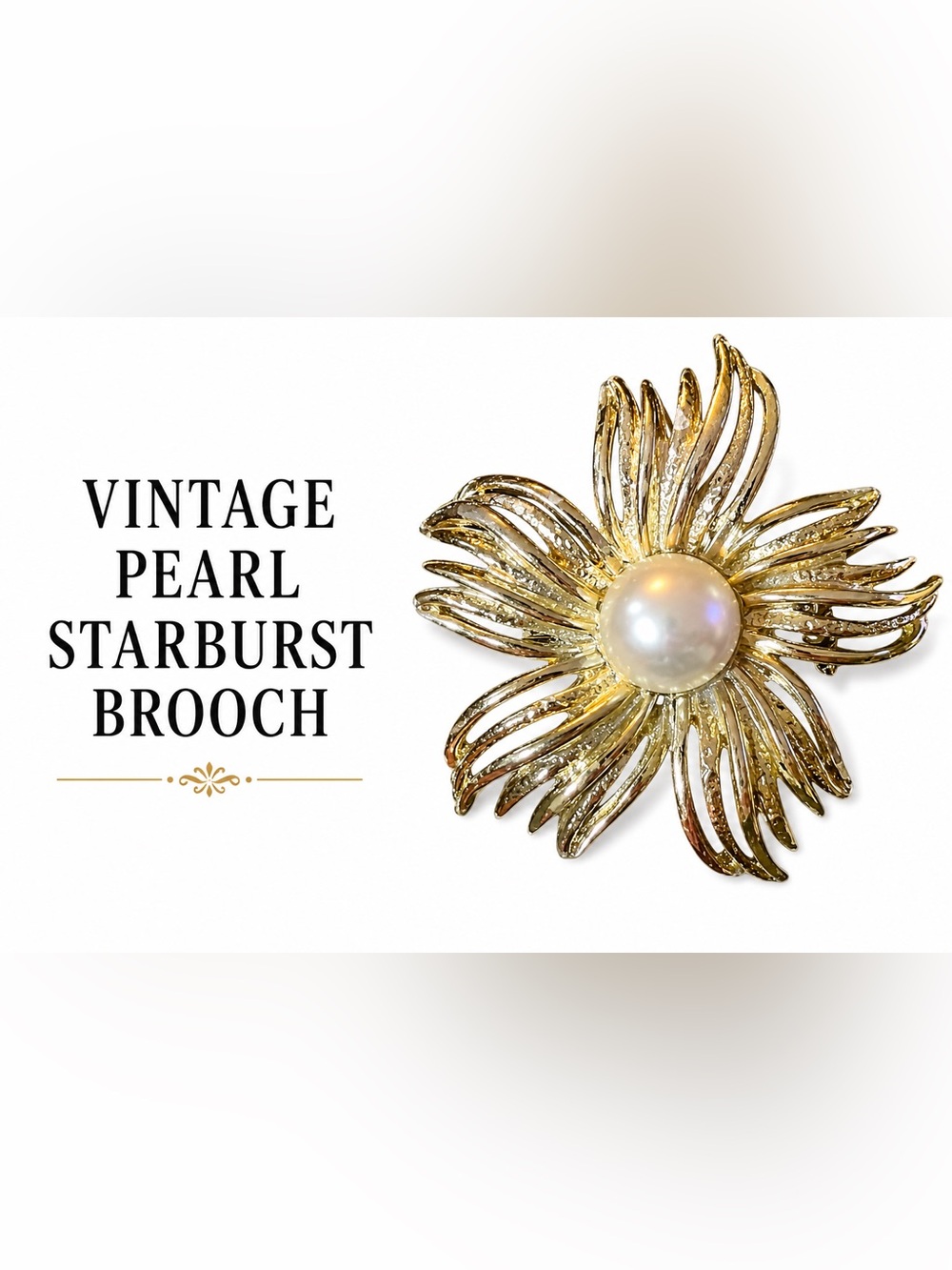 Vintage Faux Pearl Starburst Brooch Gold Tone Mid Century Statement Pin